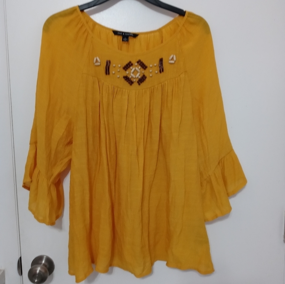 Zac & Rachel Half Ruffle Sleeve Semi Sheer Mustard Yellow Blouse w Bead Accents